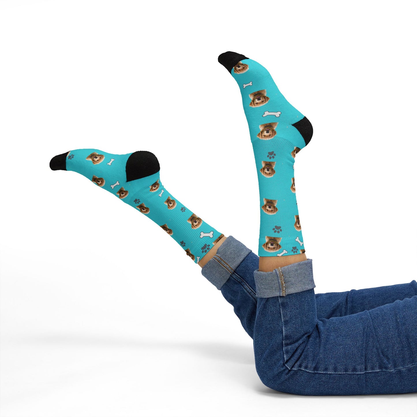 Aqua Dog Face Socks — Cute Puppy Pattern Sublimation Crew Socks